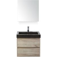 Dante Badmeubelset 60 cm - Craft Oak - Wastafel Hardsteen Wit Lucca met Spiegelkast - thumbnail