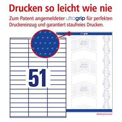 Avery Zweckform 3420, Universele etiketten, Ultragrip, wit, 100 vel, 51 per vel, 70 x 16,9 mm Avery Zweckform 3420, Universele etiketten, Ultragrip, wit, 100 vel, 51 per vel, 70 x 16,9 mm