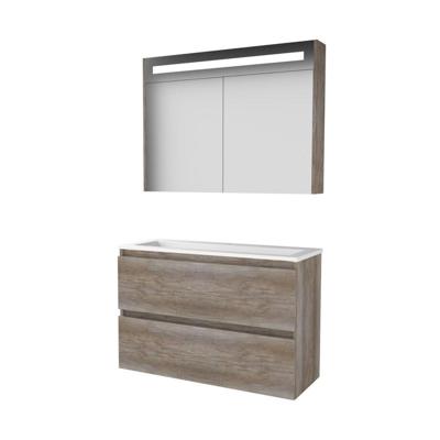 Basic-Line Premium 39 Badkamermeubelset - Ondiep - 100 x 39 cm - Greeploos - 2 Lades - Acryl Wastafel - 1 Kraangat - Spiegelkast met LED Verlichting - Scotch Oak