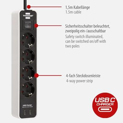 Ecolor 4-weg stekkerdoos met 2 USB-oplaadaansluitingen (meervoudige stekkerdoos USB C met schakelaar