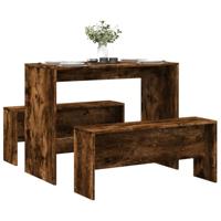 3-delige Eettafel en bankenset bewerkt hout gerookt eikenkleur - thumbnail