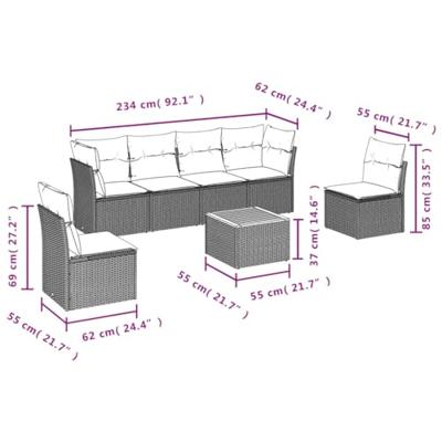 7-delige Loungeset met kussens poly rattan grijs