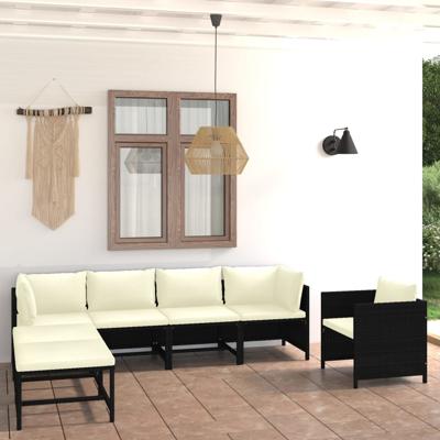 7-delige Loungeset met kussens poly rattan zwart
