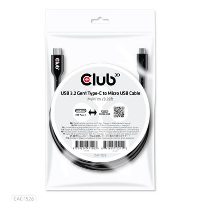 club3D CAC-1526 USB-kabel USB 3.2 Gen1 (USB 3.0 / USB 3.1 Gen1) USB-C stekker, USB-micro-B stekker 1.00 m Zwart