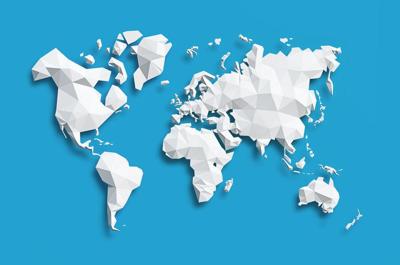 Schilderij - Geometrische wereldkaart, Blauw, 2 maten, Premium print