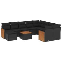 11-delige Loungeset met kussens poly rattan zwart - thumbnail