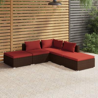 5-delige Loungeset met kussens poly rattan bruin