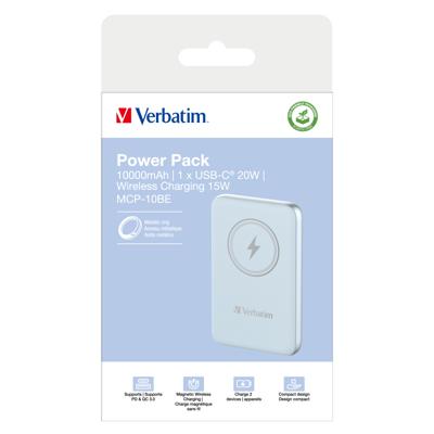 Verbatim Charge n Go Magnetic Wireless Powerbank 10000 mAh Fast Charge, Quick Charge 3.0, USB PD 3.0, Adaptive Fast Charge LiPo USB-C Blauw
