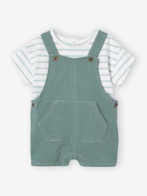 Gestreept T-shirt en korte, aanpasbare sweater van katoenen gaas voor baby's smaragdgroen Gestreept T-shirt en korte, aanpasbare sweater van katoenen gaas voor baby's smaragdgroen