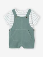 Gestreept T-shirt en korte, aanpasbare sweater van katoenen gaas voor baby's smaragdgroen - thumbnail