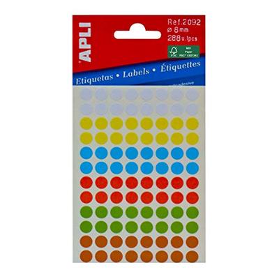 Apli ronde etiketten in etui diameter 8 mm, geassorteerde kleuren, 288 stuks, 96 per blad (2092)
