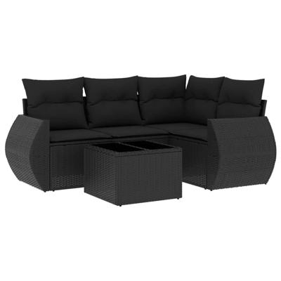 5-delige Loungeset met kussens poly rattan zwart - thumbnail