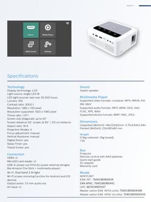 Videoprojector - PHILIPS - NeoPix 111 - True Full HD 720p - 100 lumen - 16:9 - Wit