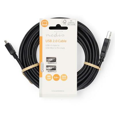 Nedis USB-Kabel | USB 2.0 | USB-A Male | USB Mini-B 5-Pins Male | 480 Mbps | Vernikkeld | 5.00 m | Rond | PVC | Zwart | Label - CCGL60300BK50 Nedis USB-Kabel | USB 2.0 | USB-A Male | USB Mini-B 5-Pins Male | 480 Mbps | Vernikkeld | 5.00 m | Rond | PVC | Zwart | Label - CCGL60300BK50