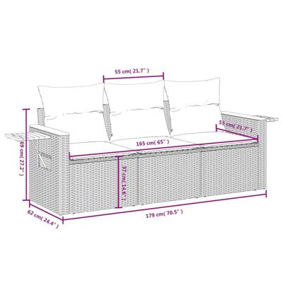 3-delige Loungeset met kussens poly rattan zwart - thumbnail