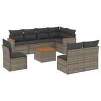 9-delige Loungeset met kussens poly rattan grijs - thumbnail