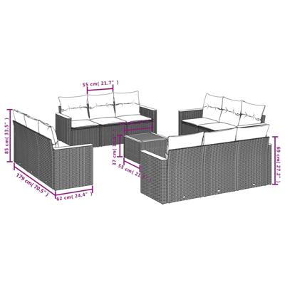 12-delige Loungeset met kussens poly rattan grijs
