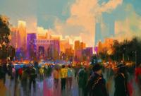 Schilderij - Zonsondergang in het park, Multikleur , 2 maten , print op canvas, Wanddecoratie - thumbnail