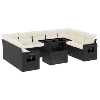 10-delige Loungeset met kussens poly rattan zwart - thumbnail