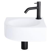 Differnz Cleo fonteinset - 30x30x10cm - Kwartrond - 1 kraangat - Gebogen matte zwarte kraan - Keramiek Wit 38.401.08 - thumbnail