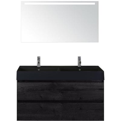 Maxx XL Badmeubelset 120 cm - Black Oak - Wastafel Kube Dubbel Zwart 2 Kraangaten met LED Spiegel