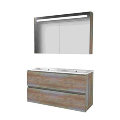 Basic-Line Premium 46 Badkamermeubelset - 120 x 46 cm - Greeploos - 2 Lades - Keramische Wastafel - 2 Kraangaten - Spiegelkast met LED Verlichting - Scotch Oak