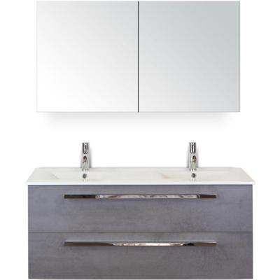 Seville Badmeubelset 120 cm - 2 Laden Beton Antraciet - Wastafel Enjoy Dubbel met Spiegelkast