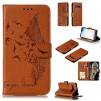 Feather patroon Litchi textuur horizontale Flip lederen draagtas met portemonnee & houder & kaartsleuven voor Galaxy S10 (bruin) - thumbnail