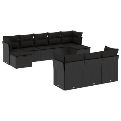 10-delige Loungeset met kussens poly rattan zwart - thumbnail