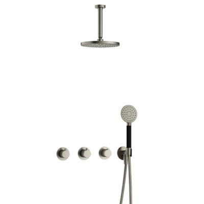 Hotbath Cobber - CB7067 - Inbouw Regendoucheset - Geborsteld Nikkel - 2 Stopkranen - Thermostatisch - Plafondbuis 15 cm - Hoofddouche 200 mm - Ronde Handdouche 3 Standen - Waterbesparend