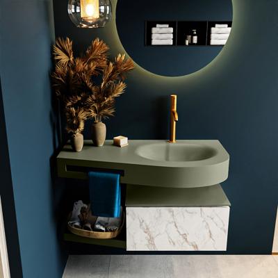 MONDIAZ RIVA 100cm badmeubel onderkast / planchet kleur carrara met 1 lade. Wastafel DULCET rechts 1 kraangat kleur Army. MONDIAZ RIVA 100cm badmeubel onderkast / planchet kleur carrara met 1 lade. Wastafel DULCET rechts 1 kraangat kleur Army.