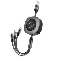 ROCK G3 5V 3.6A 3 in 1 8 Pin + Micro USB + USB-C / Type-C Retractable Fast Charging Data Cable The Maximum Length: 1.2m(Black) - thumbnail
