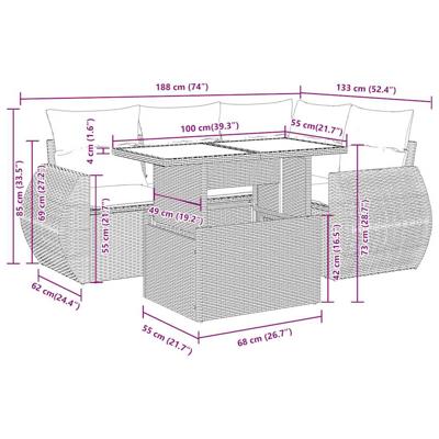 5-delige Loungeset met kussens poly rattan beige