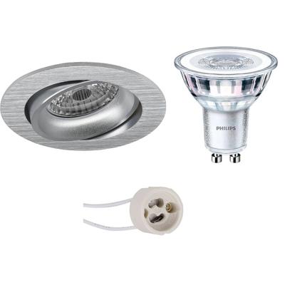 LED Spot Set - Pragmi Delton Pro - GU10 Fitting - Inbouw Rond - Mat Zilver - Kantelbaar - Ø82mm - Philips - CorePro 827 36D - 3W - Warm Wit 2700K - Dimbaar