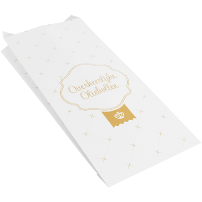 Zak | Oliebollenzak | Ersatzpapier | 1 pond | 14/ 4x33cm | Overheerlijk | goud/wit | 10 kg Zak | Oliebollenzak | Ersatzpapier | 1 pond | 14/ 4x33cm | Overheerlijk | goud/wit | 10 kg