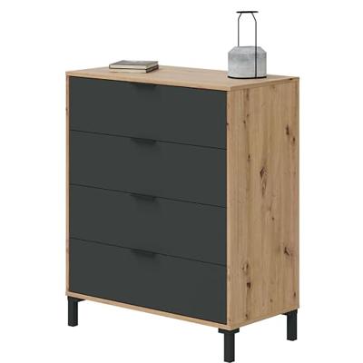 CALICOSY - Ladekast met 4 laden met noestige eik en antracietgrijs decor - L77,5 cm - Licht hout