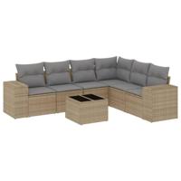 7-delige Loungeset met kussens poly rattan beige - thumbnail