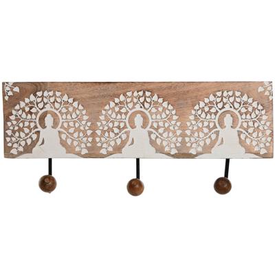 Wandkapstok Home ESPRIT Wit Zwart Natuurlijk Metaal Mangohout Boeddha 38 x 5 x 16 cm