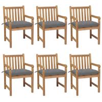 Tuinstoelen 6 st met grijze kussens massief teakhout - thumbnail