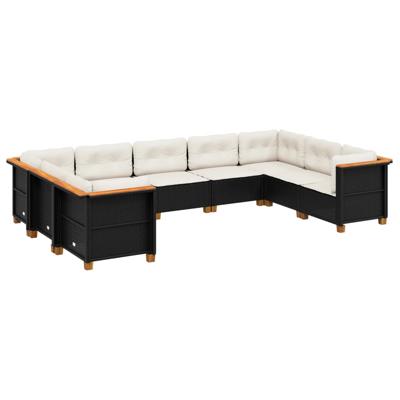 9-delige Loungeset met kussens poly rattan zwart