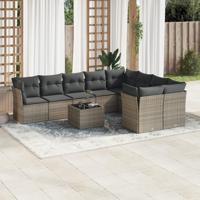 10-delige Loungeset met kussens poly rattan grijs - thumbnail