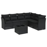 7-delige Loungeset met kussens poly rattan zwart - thumbnail