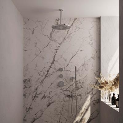 Chrome Thermostatic Recessed Rain Shower Set 06 with 30 cm Shower Head and Ceiling Arm, Hand Shower, Shower Hose, and Wall Connection Elbow