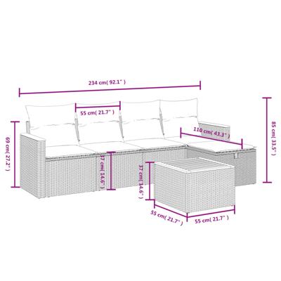5-delige Loungeset met kussens poly rattan grijs - thumbnail