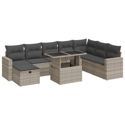 9-delige Loungeset met kussens poly rattan lichtgrijs