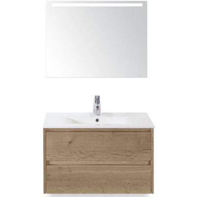 Dante Badmeubelset 80 cm - Natuur Eiken - Keramische Wastafel Wit Enjoy met Sence Spiegel