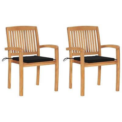 Tuinstoelen 2 st met zwarte kussens massief teakhout