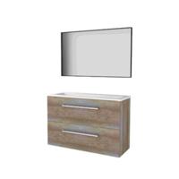 Basic-Line Framed 39 Badkamermeubelset - Ondiep - 100 x 39 cm - Met Grepen - 2 Lades - Acryl Wastafel - 2 Kraangaten - Spiegel met Zwart Aluminium Frame - Scotch Oak - thumbnail