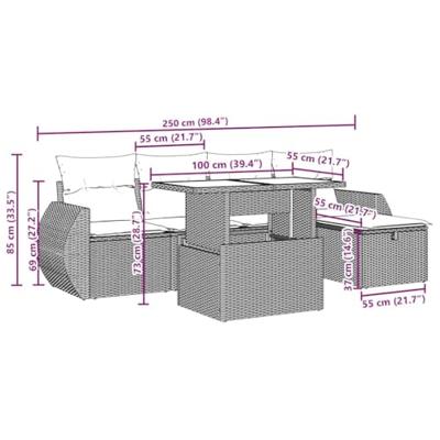6-delige Loungeset met kussens poly rattan beige