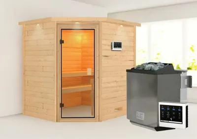 Karibu | Elea Sauna met Dakkraag | Biokachel 9 kW Externe Bediening
